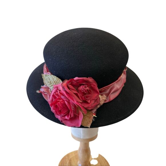 Vintage Hat Black Wool Felt With Rose Pink Ribbon and Flower Detail Romantic